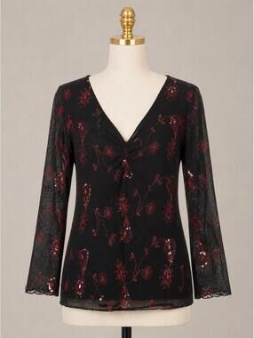 Y2K Sheer Embroidered Sequin Top Y2K Boho Goth Large